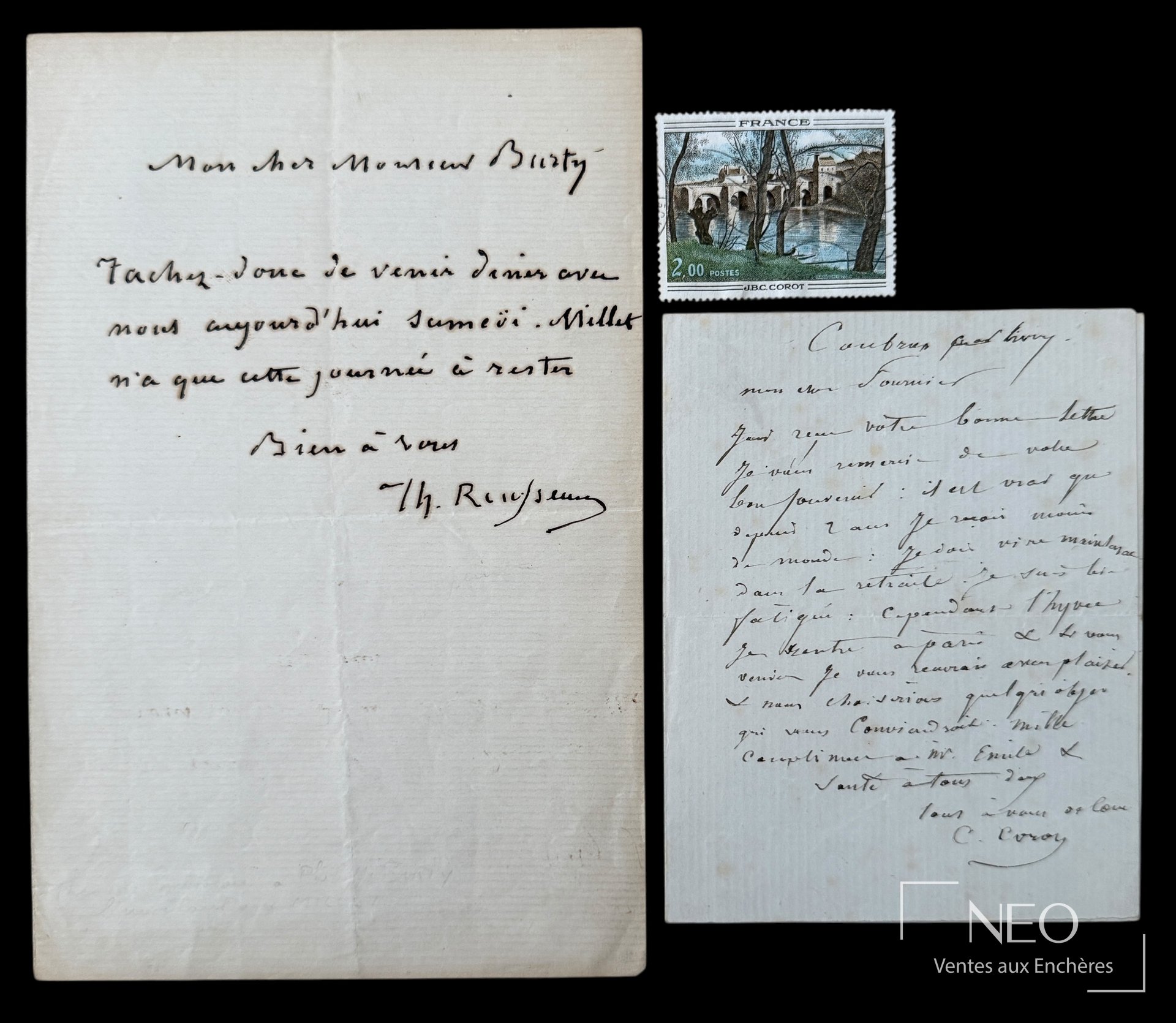 Lettre autographe signée de Théodore Rousseau avec texte manuscrit adressé à Philippe Burty.