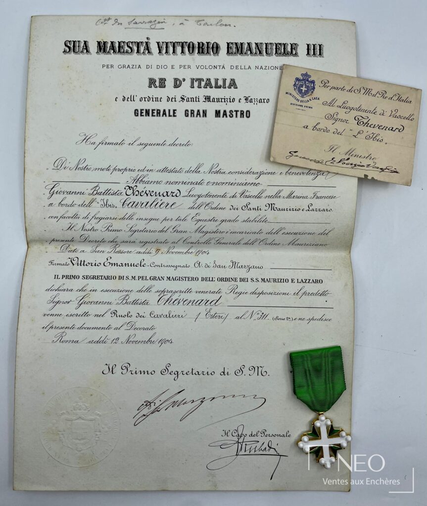 Croix de chevalier de l’Ordre des Saints Maurice et Lazare avec son document de délivrance