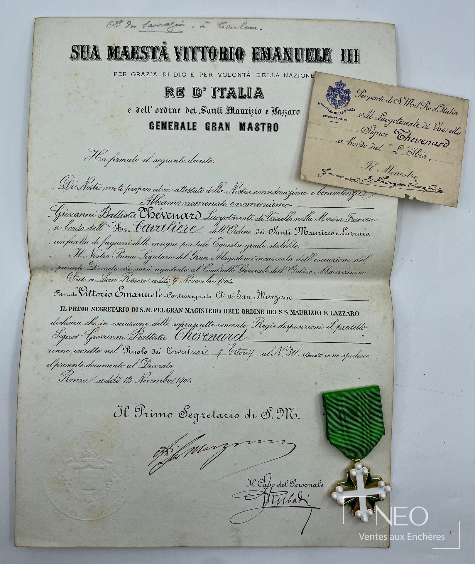 Croix de chevalier de l’Ordre des Saints Maurice et Lazare avec son document de délivrance