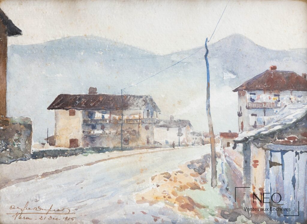 Aquarelle d'un village de montagne avec maisons