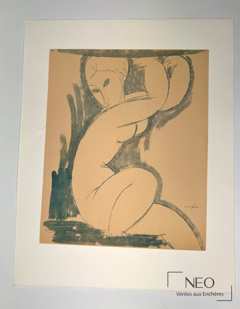 Lithographie en couleurs représentant une cariatide d'après Amédéo Modigliani