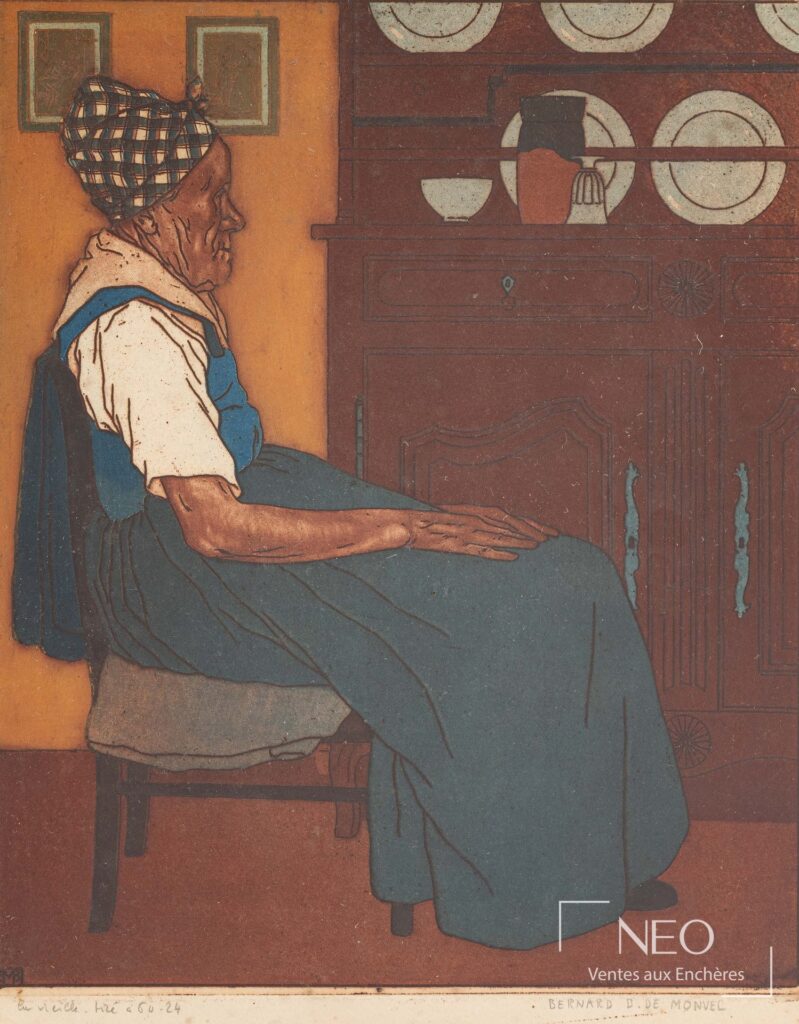 Estampe en couleurs représentant une femme assise de profil dans un intérieur meublé.