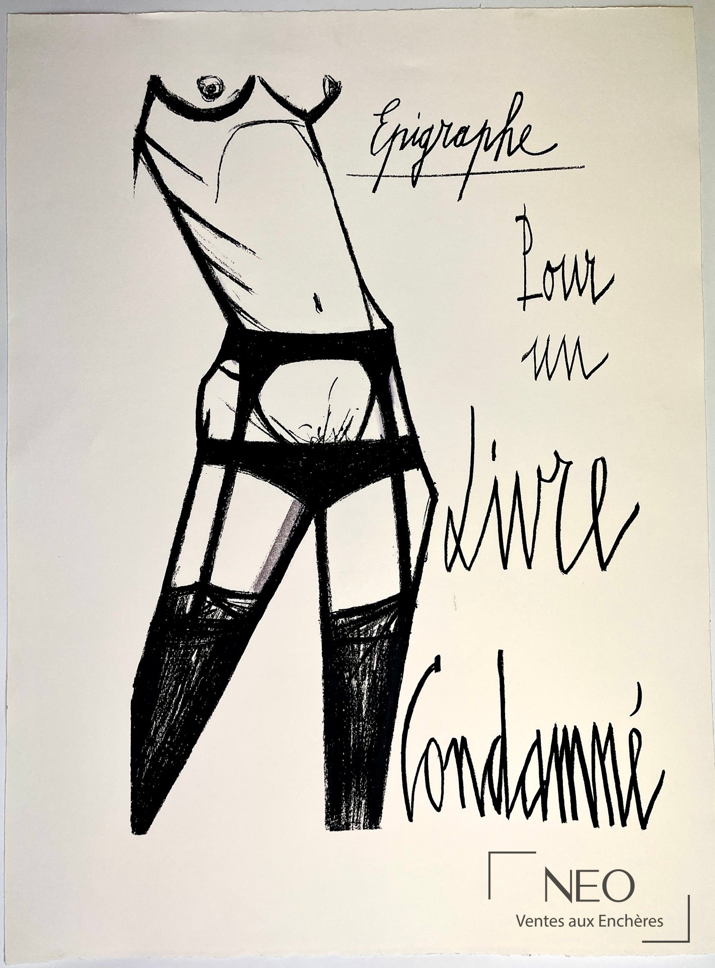 Lithographie de Bernard Buffet avec silhouette stylisée et inscription Epigraphe pour un livre condamné