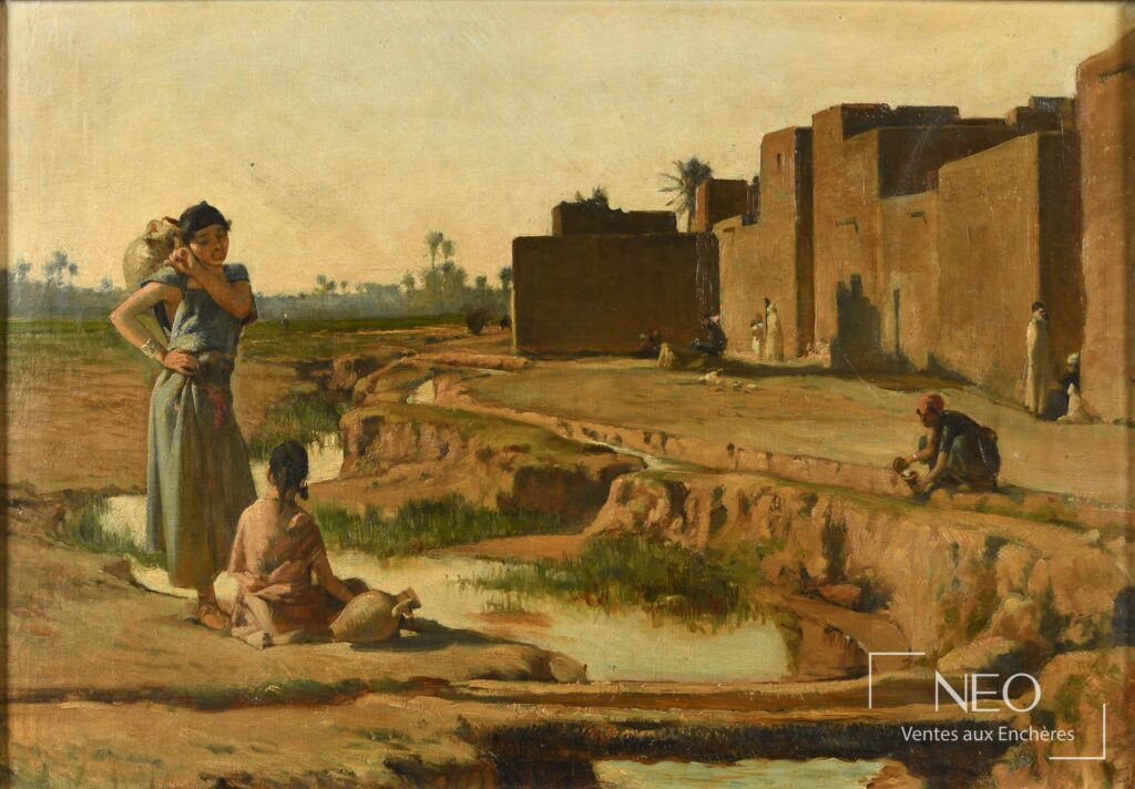 Scène orientalisante peinte à l'huile avec personnages et paysage en bord de seguia.