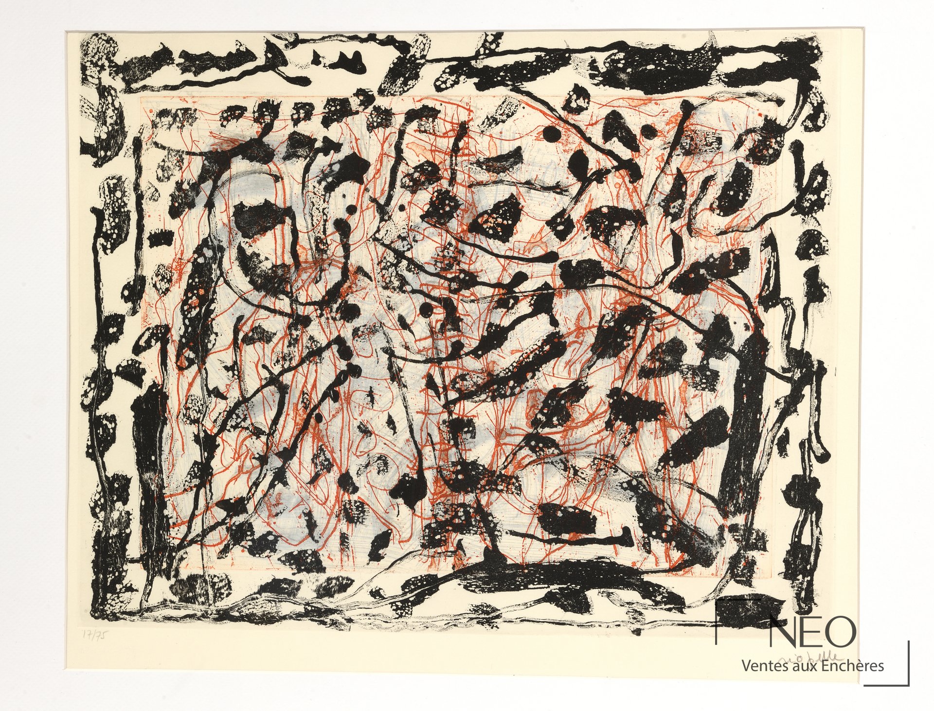 Eau-forte abstraite de Jean-Paul Riopelle avec tracés noirs et rouges sur papier clair
