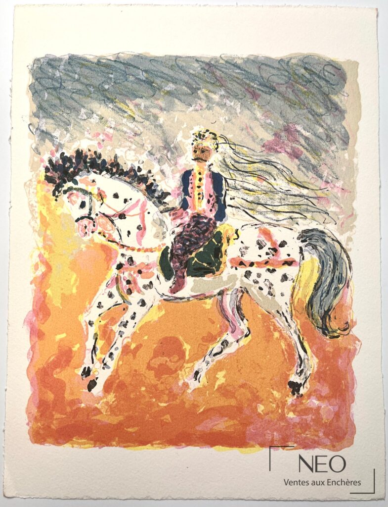 Lithographie en couleurs d'un cavalier sur papier