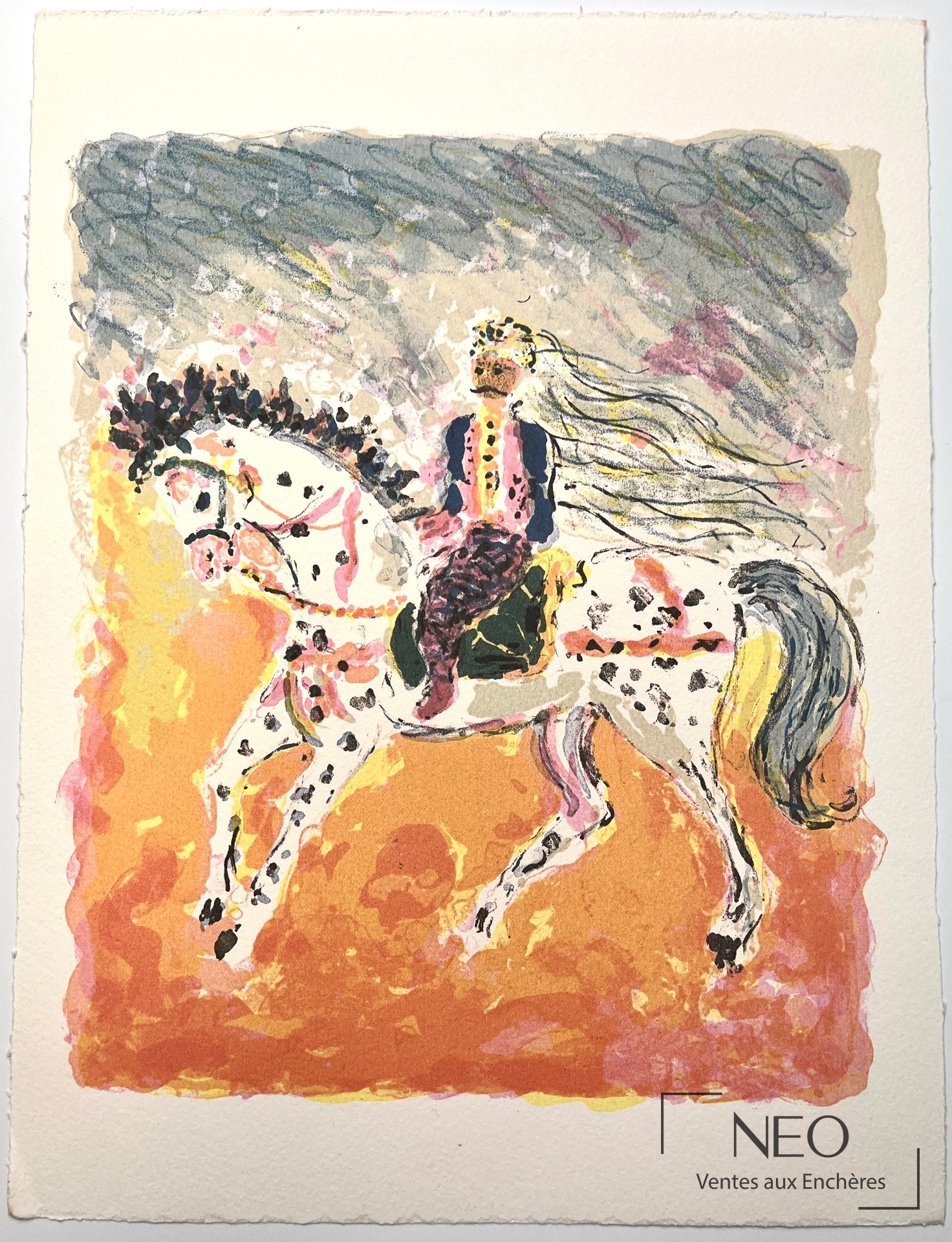 Lithographie en couleurs d'un cavalier sur papier