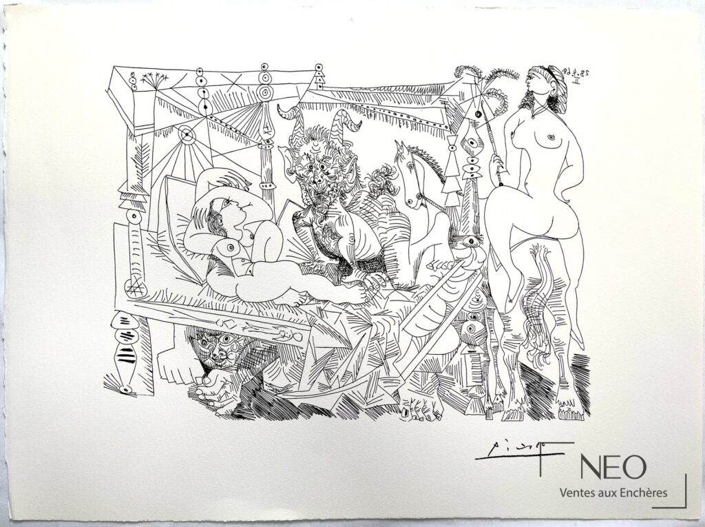 Lithographie d'après Pablo Picasso montrant une composition au trait noir avec figures et animaux
