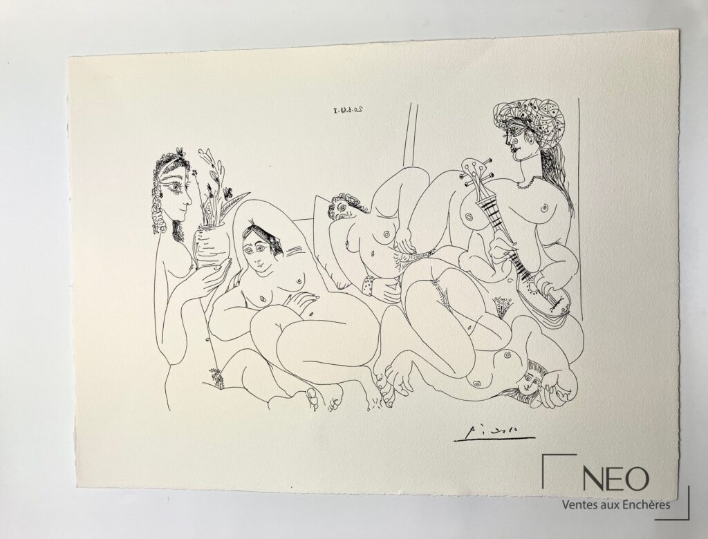 Lithographie sur papier de Picasso montrant une composition de nus et la mention 20.8.68.I