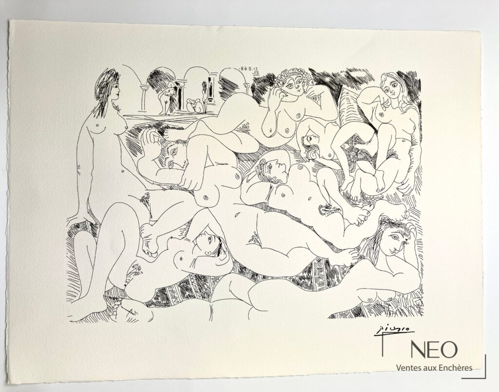 Lithographie de Pablo Picasso montrant une composition de nus et les mentions en planche.
