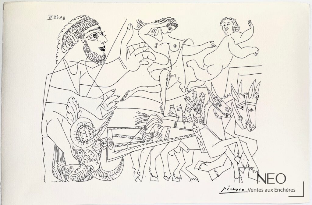 Lithographie de Picasso représentant une scène de composition avec figures et chevaux