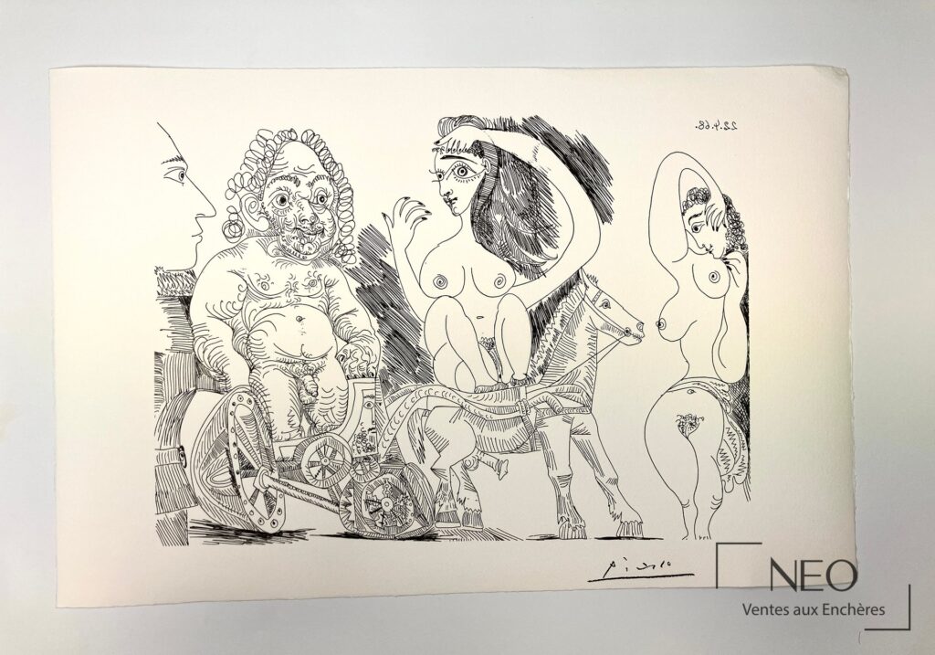 Lithographie de Picasso représentant plusieurs figures et un cheval sur fond blanc