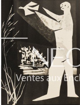 Impression en noir et blanc représentant un homme tenant un oiseau