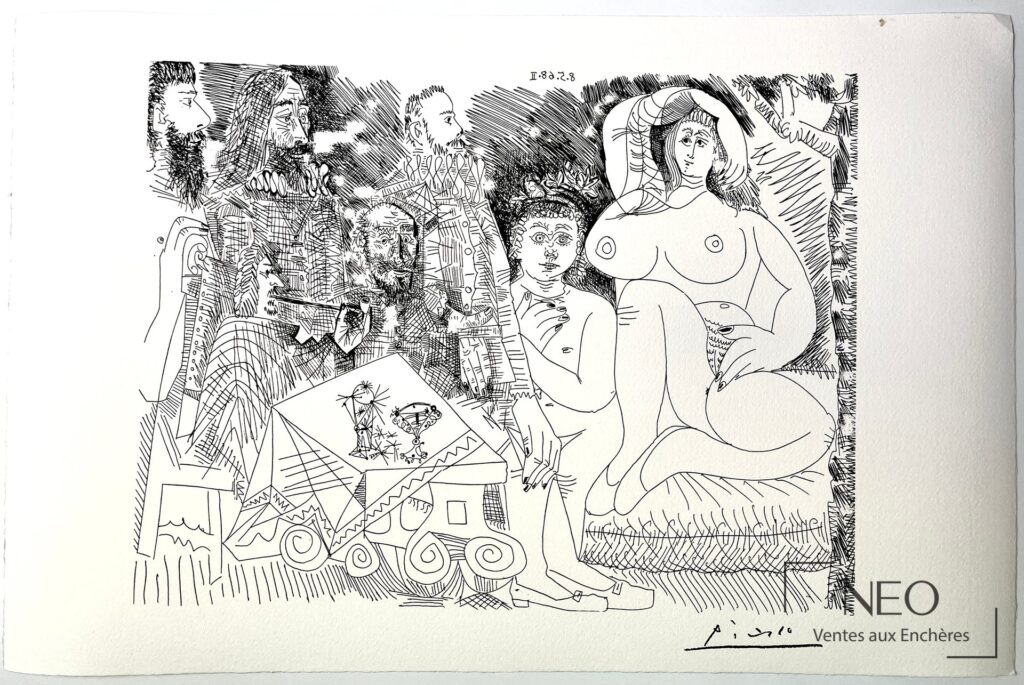 Lithographie de Pablo Picasso représentant un groupe de figures autour d'une table
