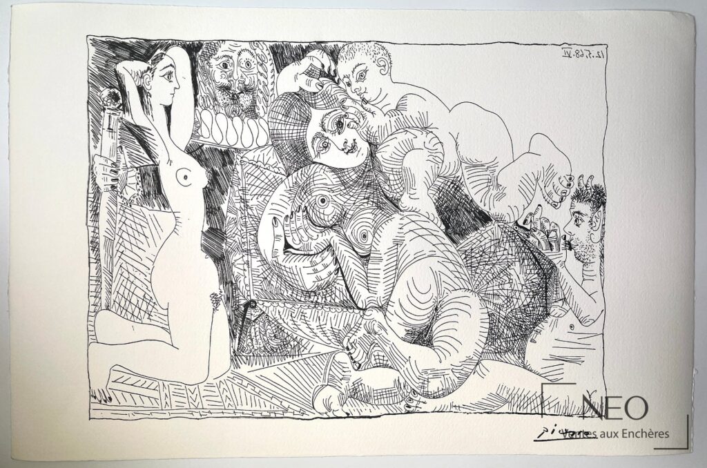 Lithographie de Pablo Picasso représentant une composition foisonnante en noir sur papier