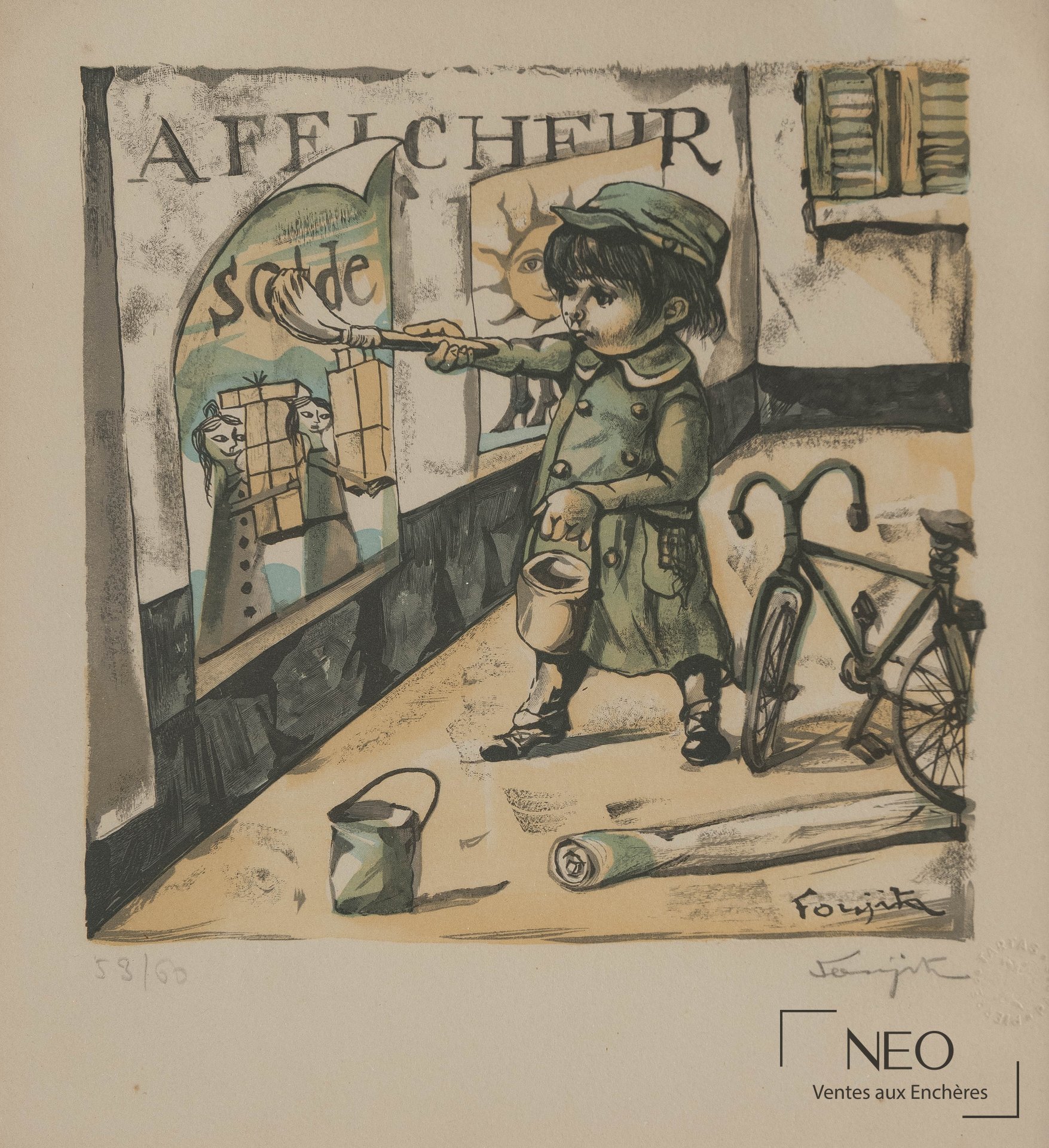 D’après Tsuguharu Foujita, Le petit afficheur, lithographie en couleurs