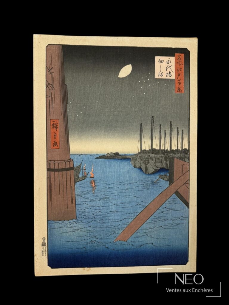 Estampe japonaise en couleurs représentant un pont sur l'eau sous un ciel nocturne.
