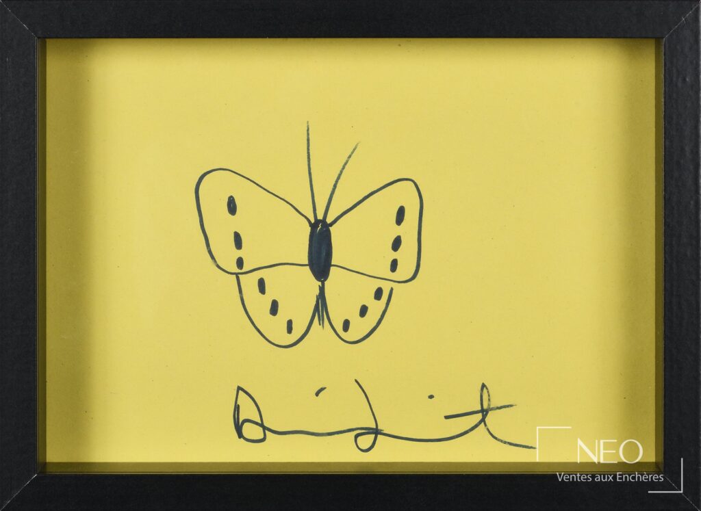 Dessin Butterfly de Damien Hirst avec papillon stylisé sur fond jaune
