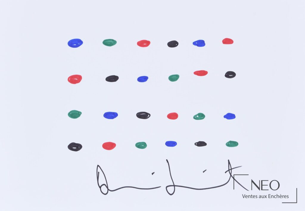 Composition de points colorés signée Damien Hirst sur papier cartonné