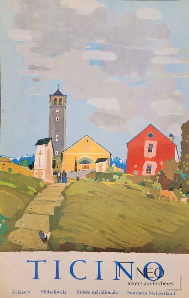 Affiche colorée représentant un village du Ticino avec église