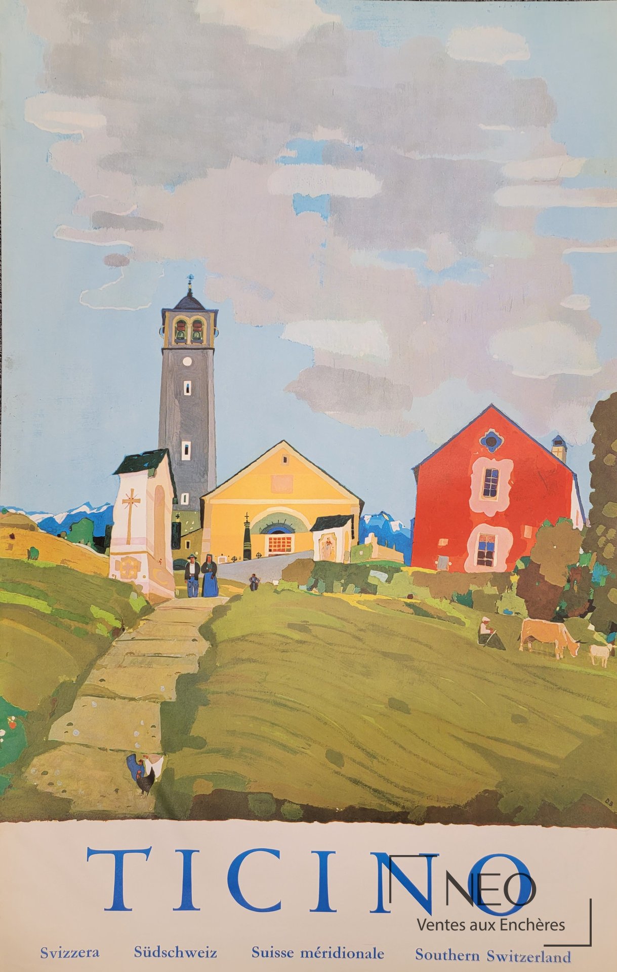 Affiche colorée représentant un village du Ticino avec église