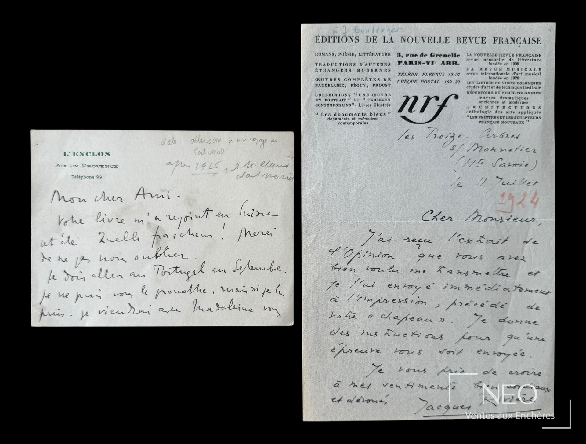 Billet autographe de Darius Milhaud et lettre de Jacques Rivière