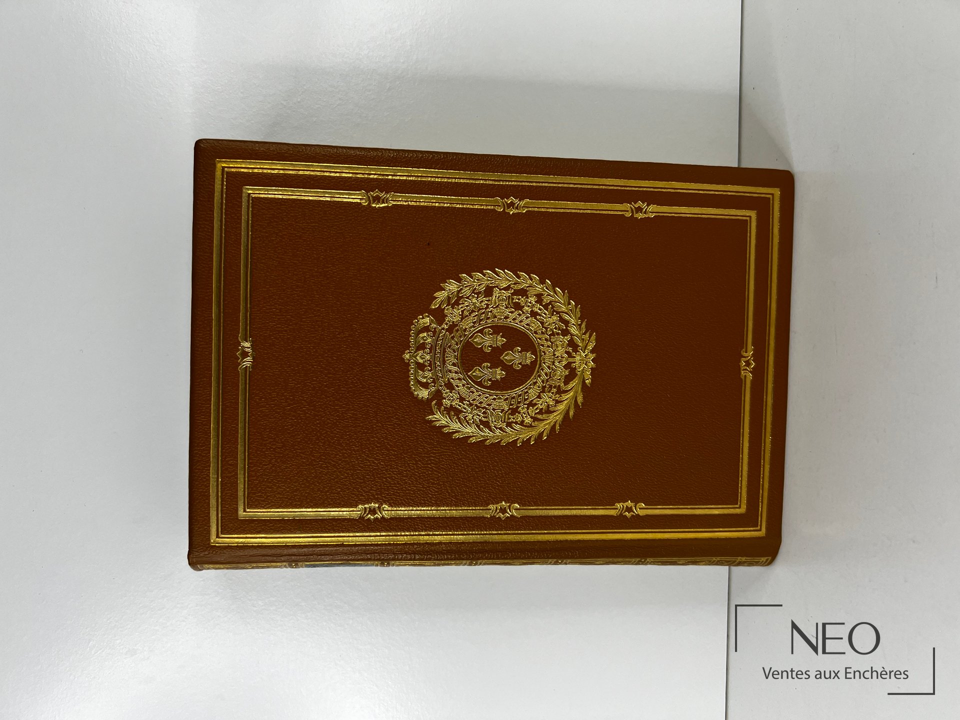 Couverture brun doré ornée d’un décor estampé au centre