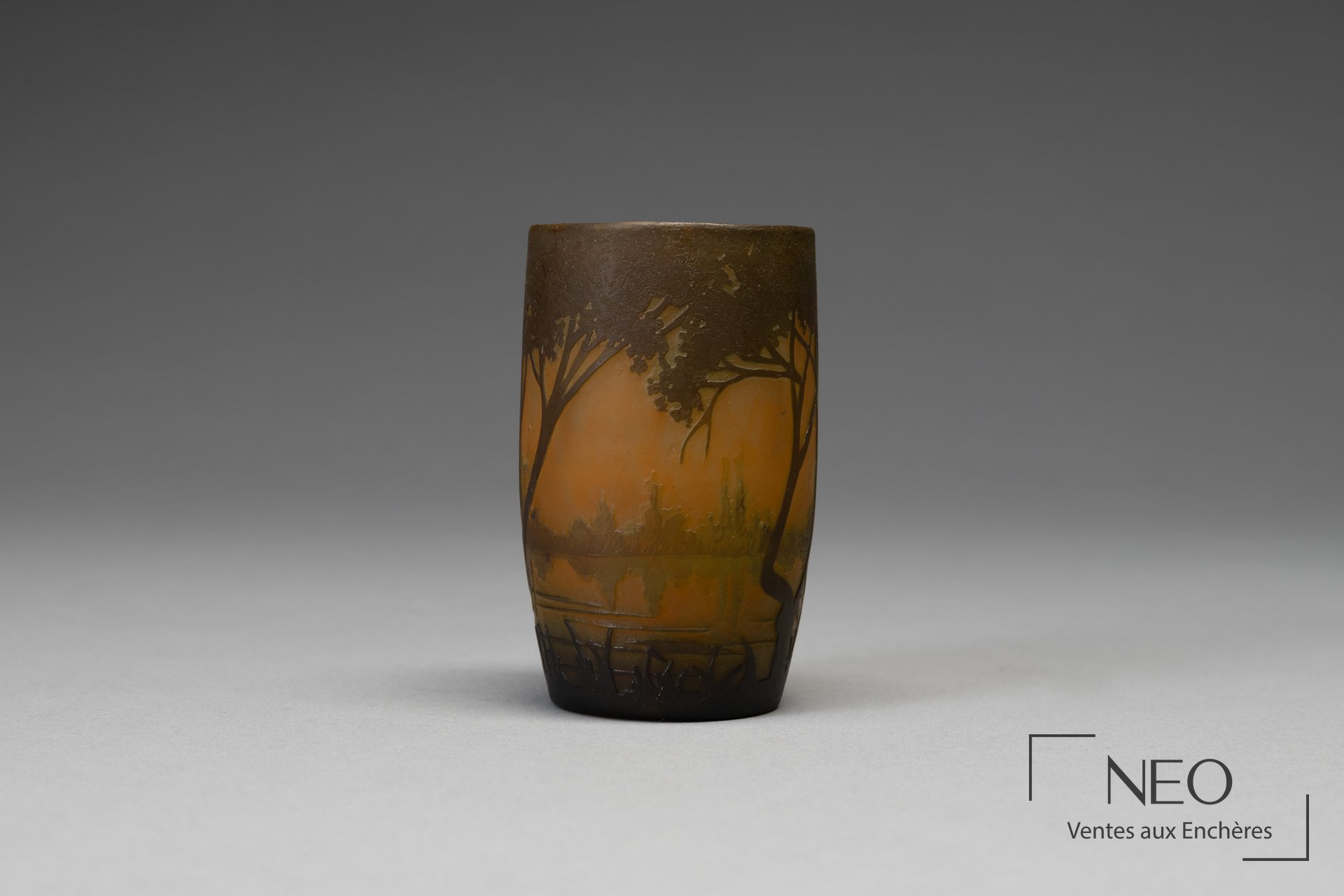 Vase en verre multicouche Daum frères à décor de paysage lacustre