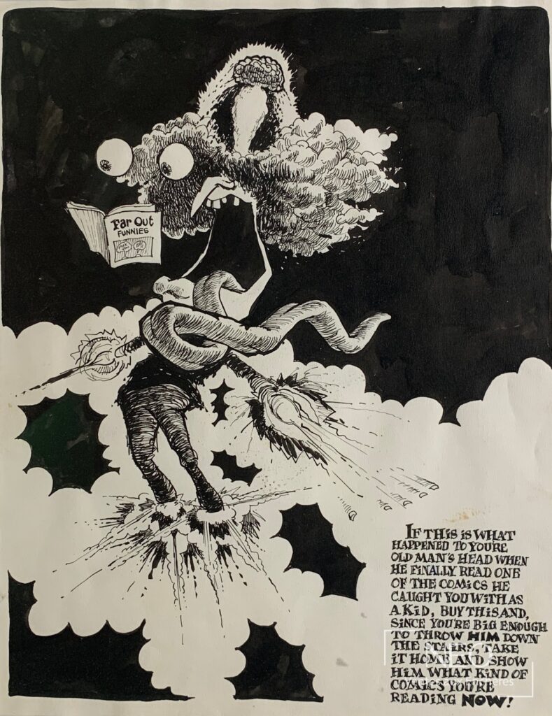 Planche de bande dessinée en noir et blanc montrant une figure déformée lisant Far Out Funnies