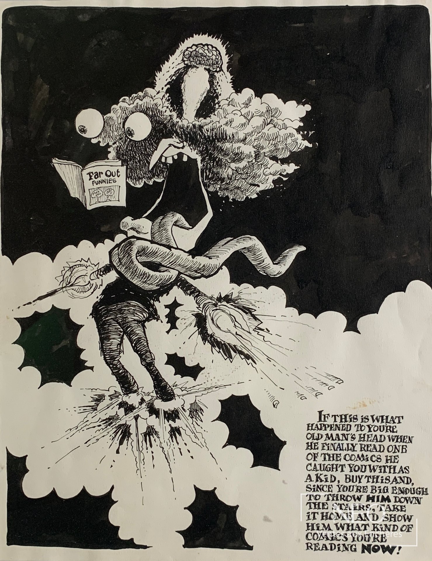 Planche de bande dessinée en noir et blanc montrant une figure déformée lisant Far Out Funnies
