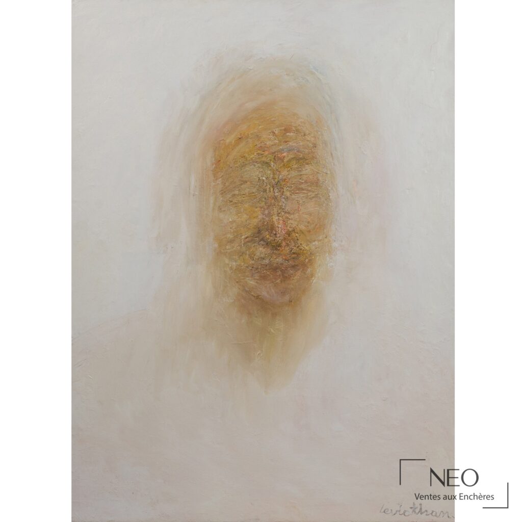 Huile sur toile abstraite avec visage central dans des tons clairs et dorés