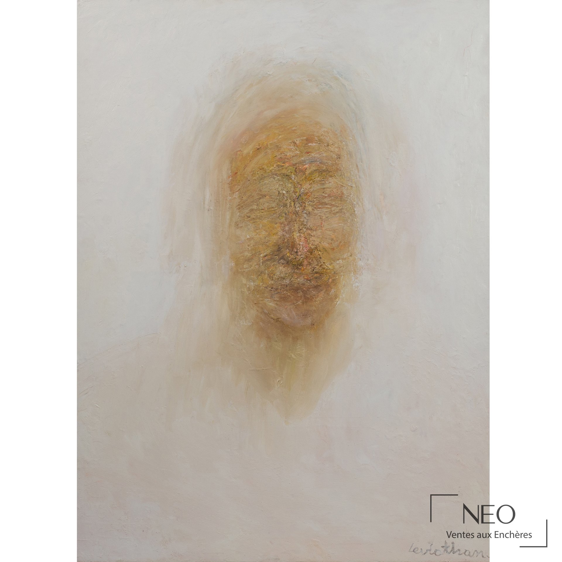 Huile sur toile abstraite avec visage central dans des tons clairs et dorés