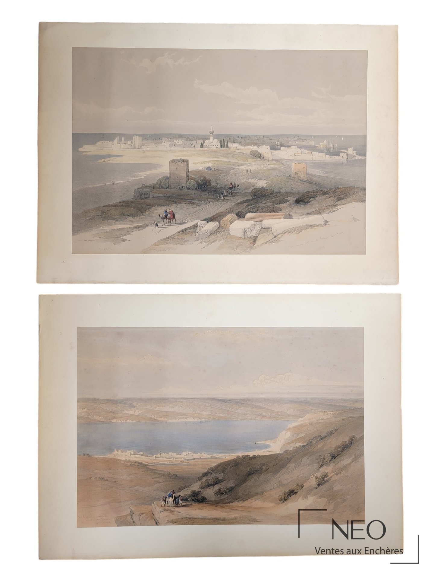 Deux lithographies orientalistes rehaussées à l'aquarelle