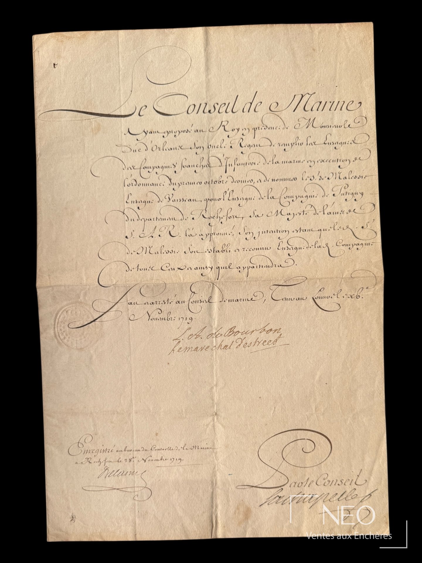 Pièce manuscrite ancienne avec grandes signatures en bas de page
