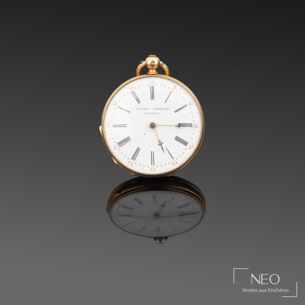 Montre à gousset en or jaune avec cadran émaillé blanc signé Decosse Gindreaux à Elbeuf