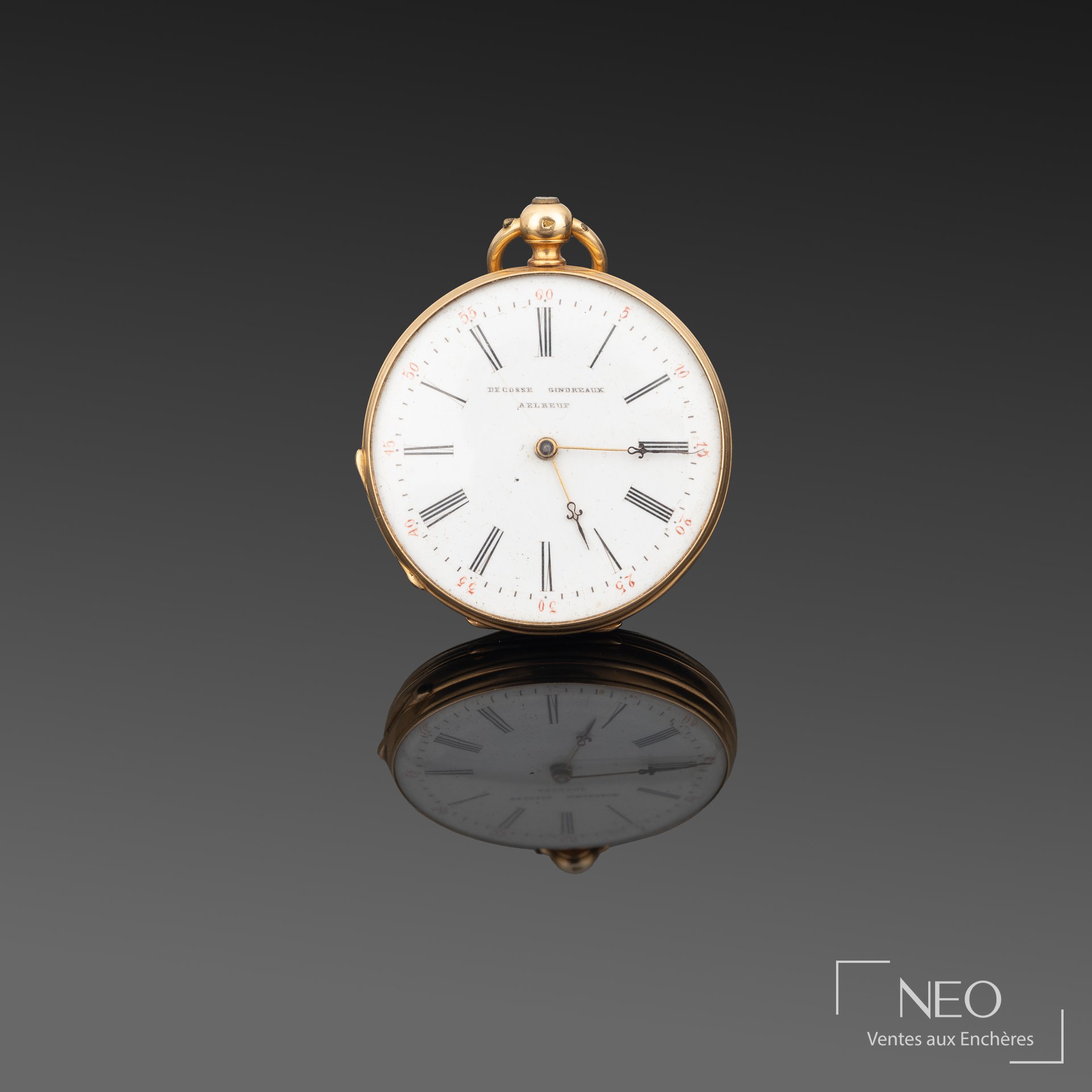 Montre à gousset en or jaune avec cadran émaillé blanc signé Decosse Gindreaux à Elbeuf