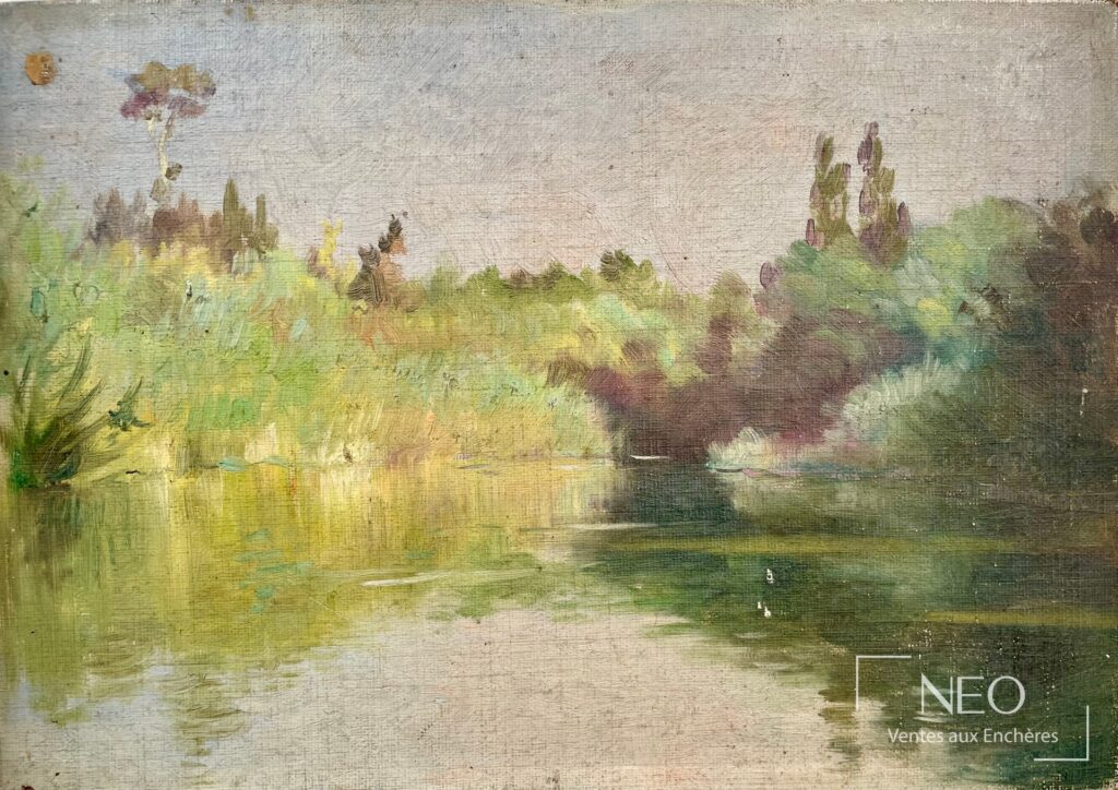 Paysage au bord de l'eau peint dans des tons verts et mauves