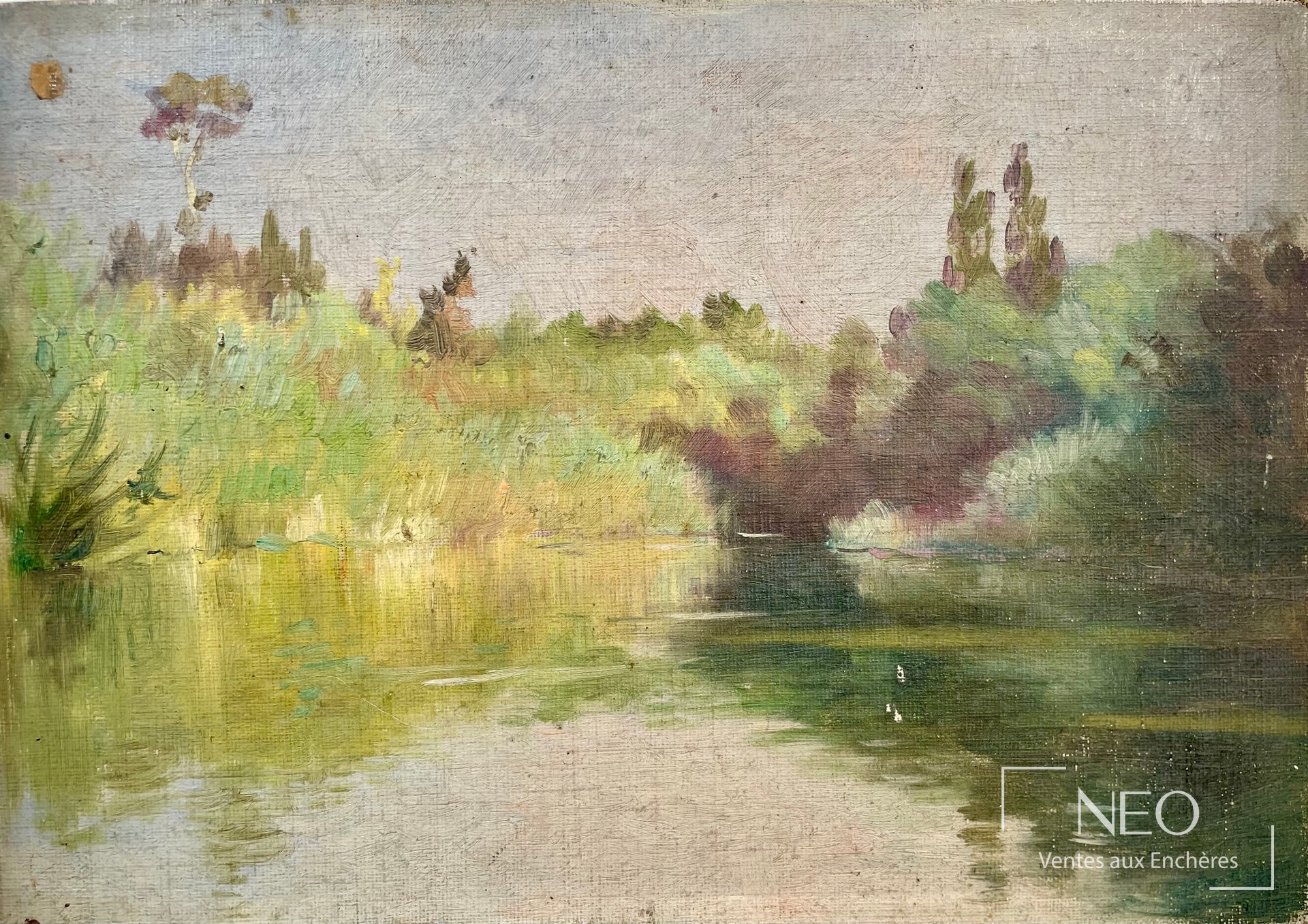 Paysage au bord de l'eau peint dans des tons verts et mauves