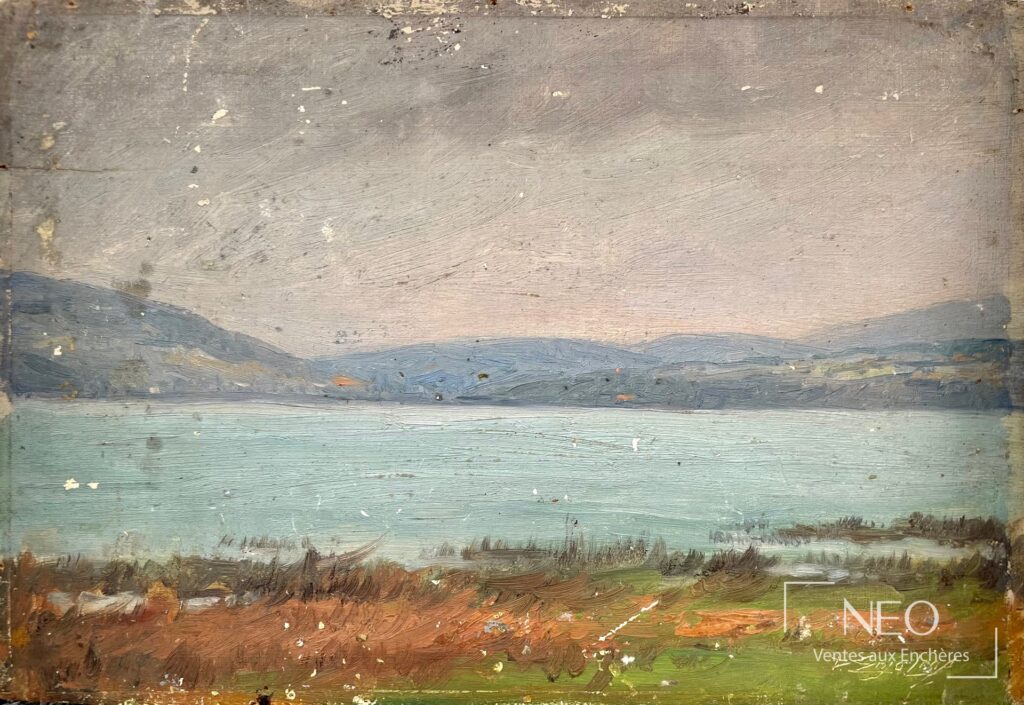 Paysage lacustre peint à l'huile sur panneau