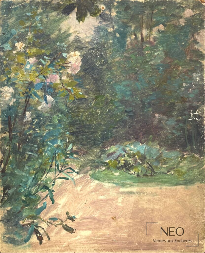Huile sur carton représentant un jardin fleuri dans des tonalités vertes et bleues.