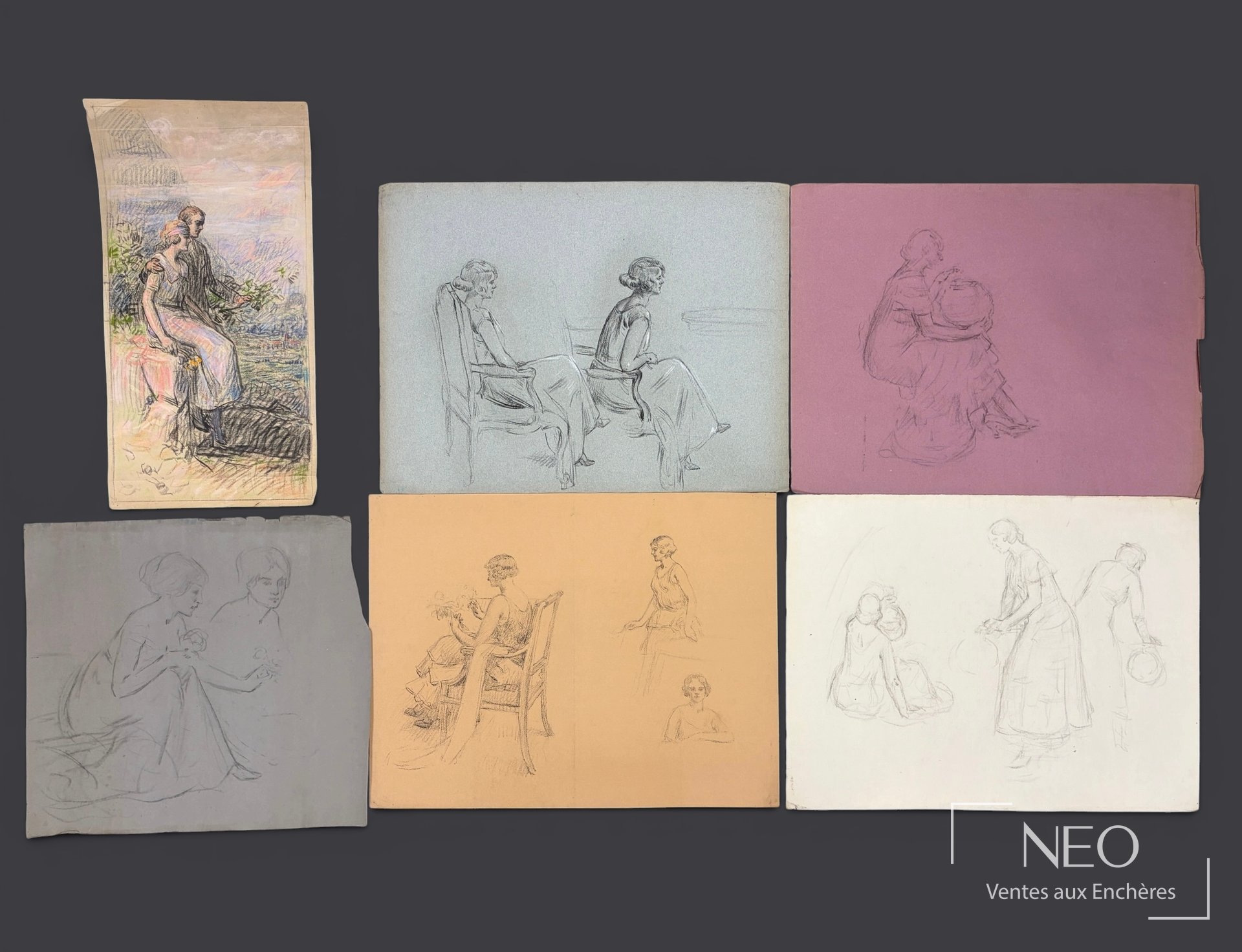 Six études de jeunes femmes sur feuilles de couleur
