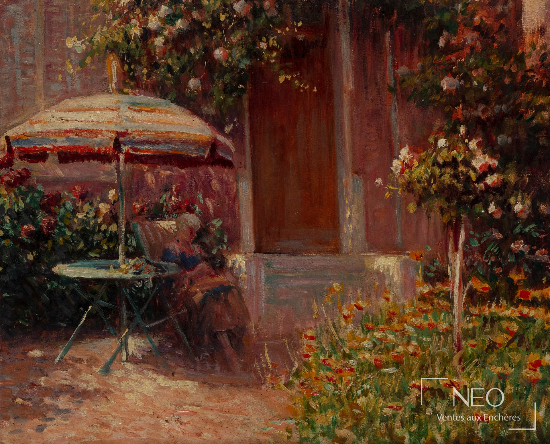 Delphin Enjolras, Femme assise au jardin en fleurs, huile sur toile
