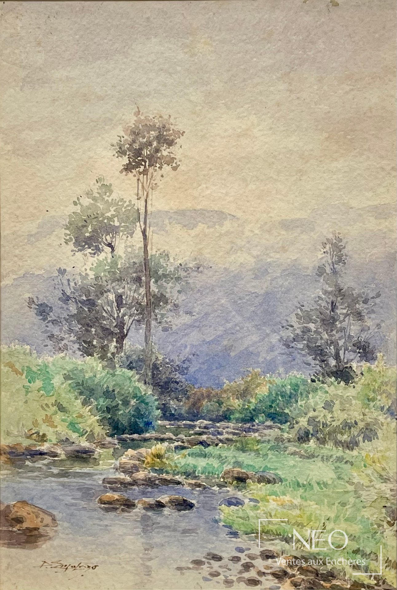 Delphin Enjolras Rivière en montagne, aquarelle sur papier