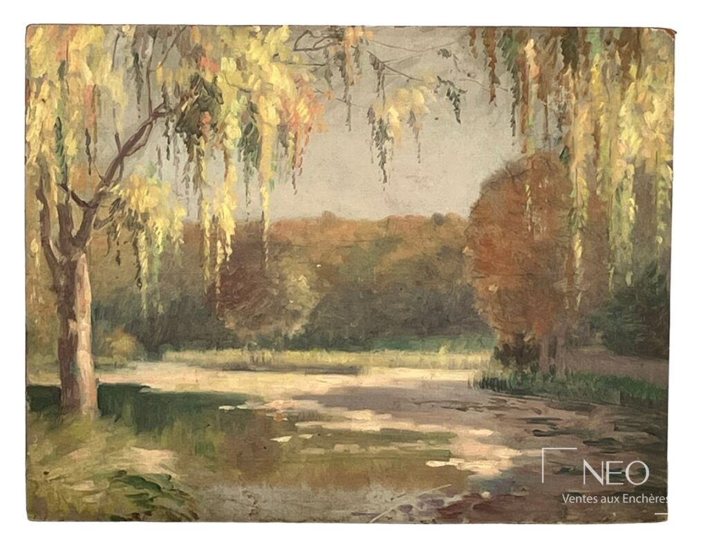 Vue de lac peinte à l'huile sur carton