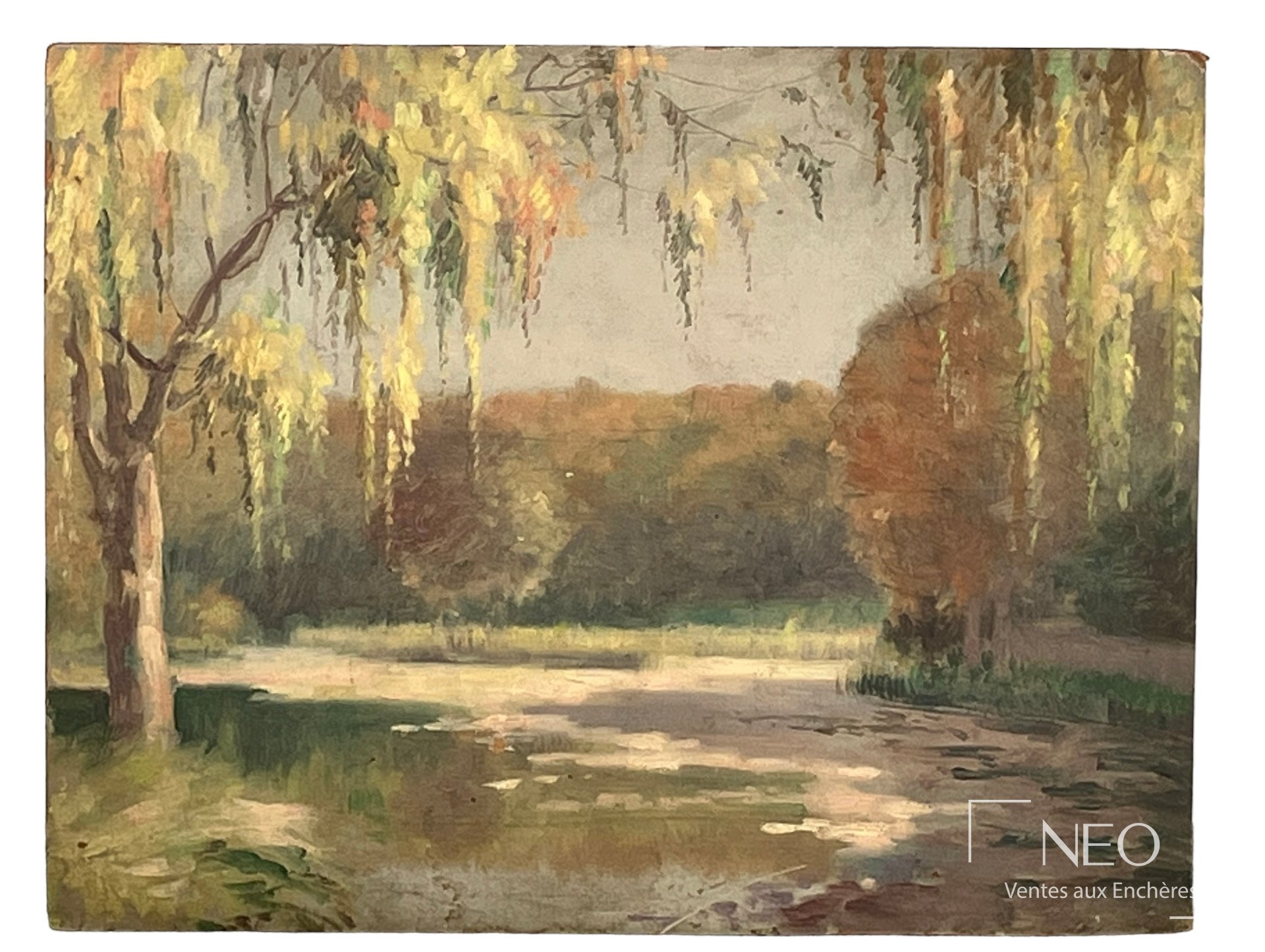 Vue de lac peinte à l'huile sur carton