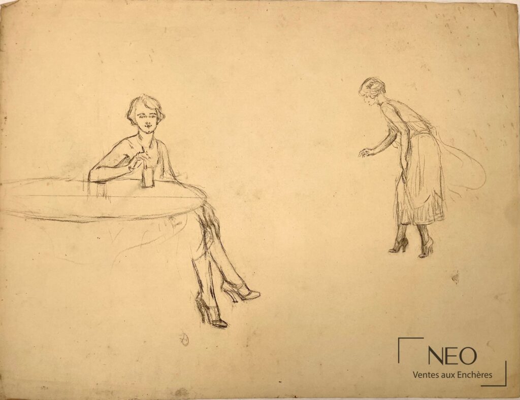 Dessin à la pierre noire sur papier teinté montrant deux études de femme