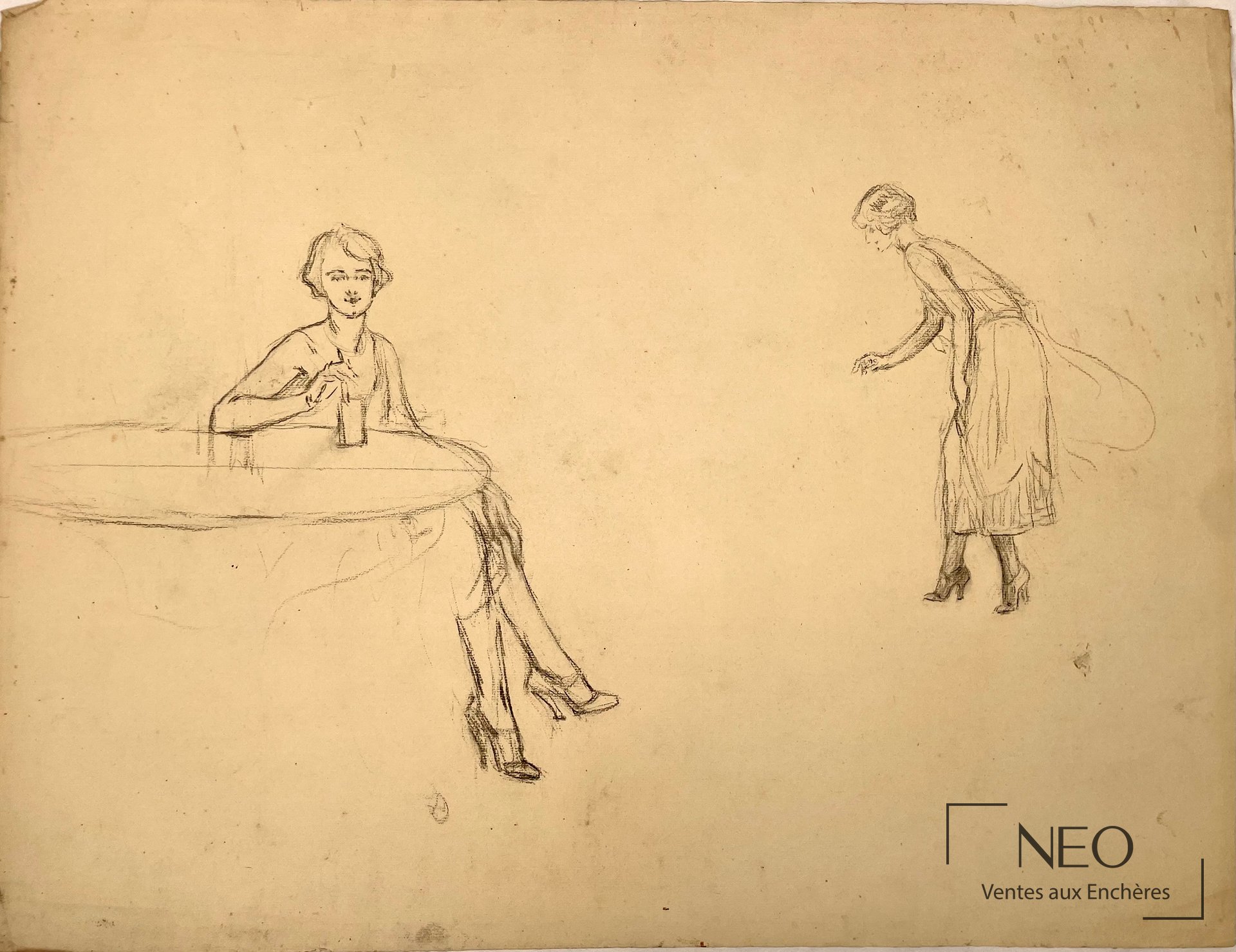 Dessin à la pierre noire sur papier teinté montrant deux études de femme