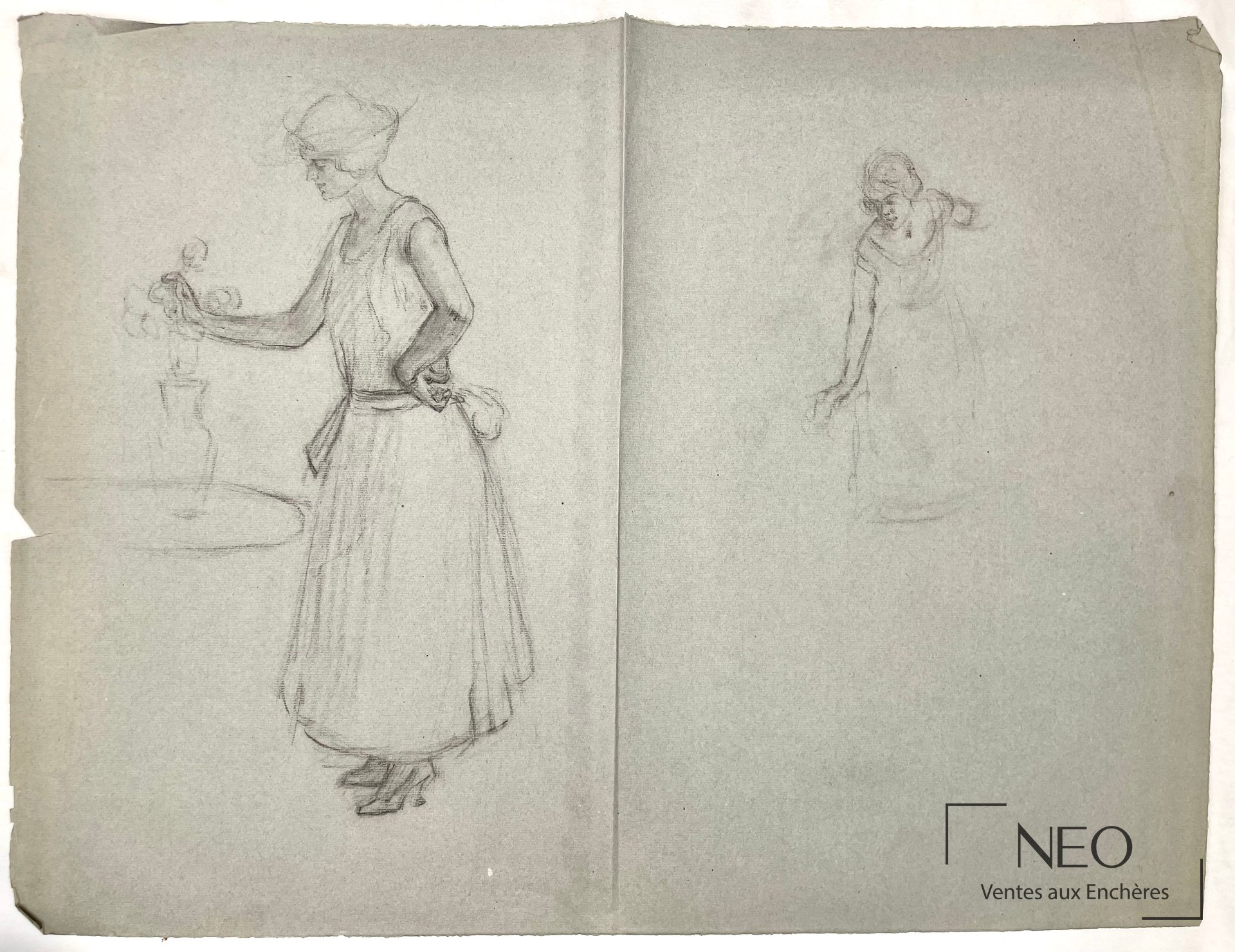 Feuille avec une étude de femme au vase fleuri et une étude de tête d'homme au verso