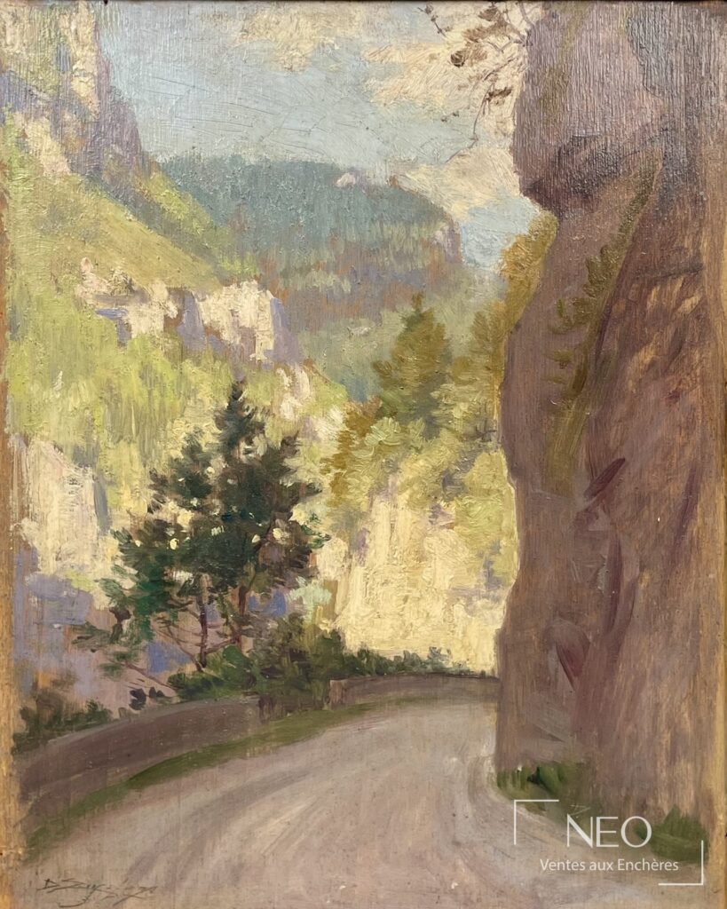 Paysage de montagne peint à l'huile sur carton