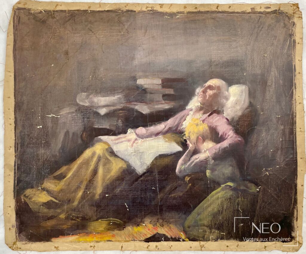 Huile sur toile attribuée à Delphin Enjolras représentant une scène intérieure avec deux personnages